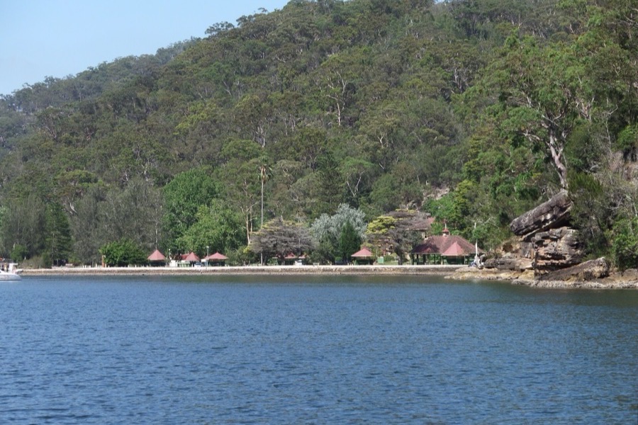 The picnic shelters at Bobbin Head with Ku-ring-gai Chase National Park bushland rising behind them